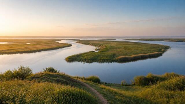 Wide river delta with branching waterways and open grassland in soft morning light