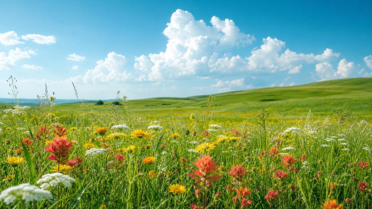 Bright wildflower meadow with rolling green hills and large white clouds