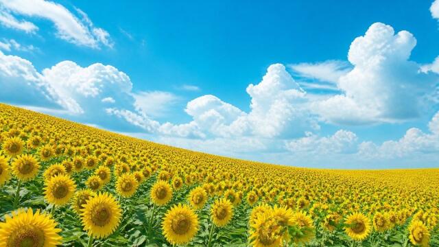 Wide sunflower field beneath bright white summer clouds
