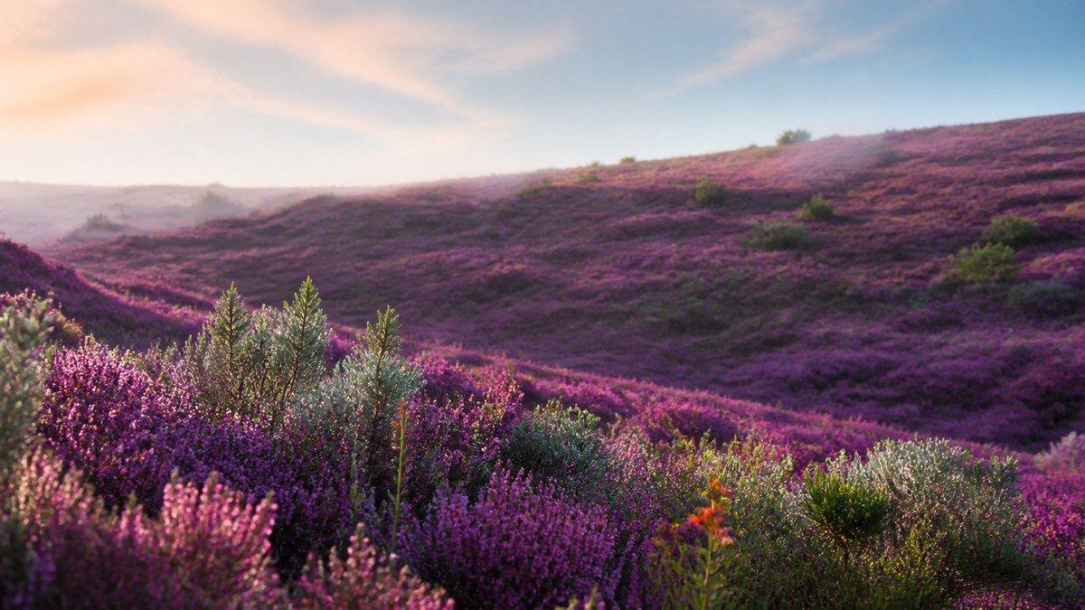 Violet heathland with silver-green foliage in bright morning light