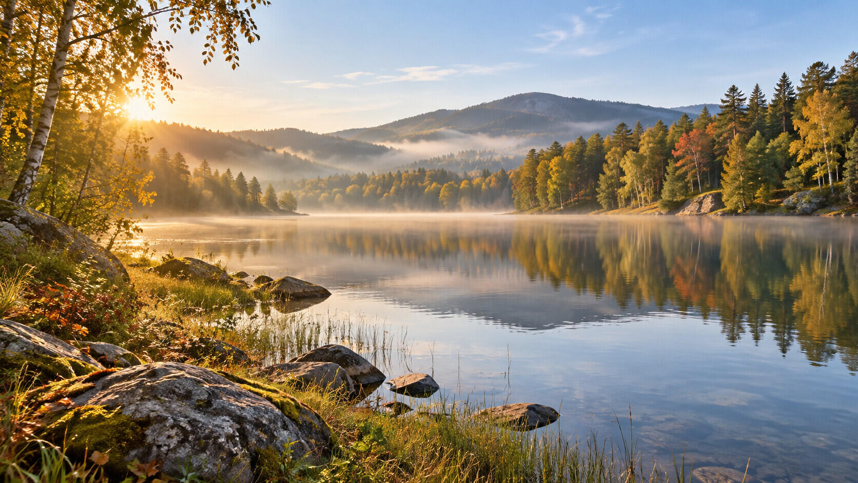 Autumn forest reflected in a calm lake with morning mist and golden sunlight