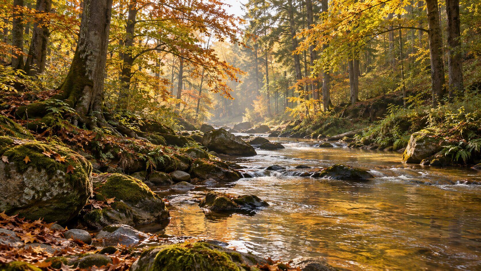Autumn woodland stream — QUIQQER 2.36 Golden morning light over a woodland stream in an autumn beech forest