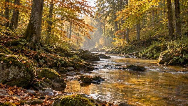 Golden morning light over a woodland stream in an autumn beech forest
