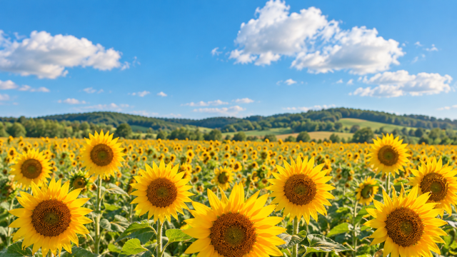 Sunflower field beneath a blue summer sky with white clouds