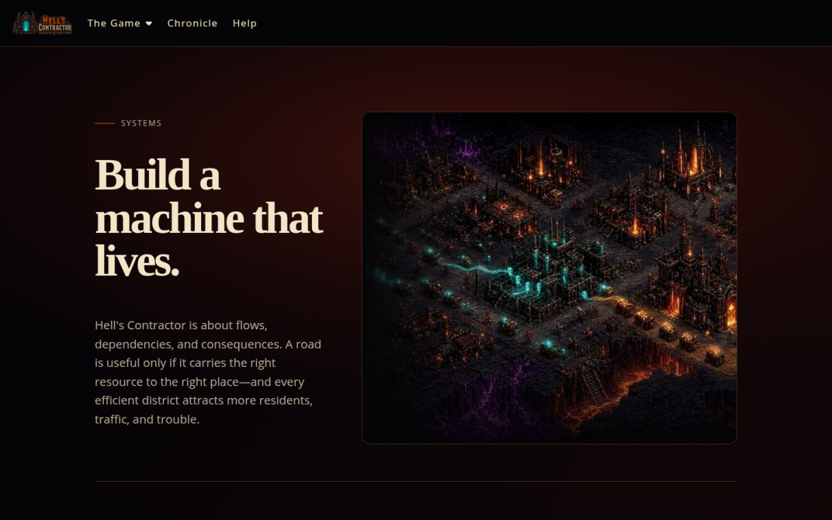 Hell's Contractor systems overview Build and Rule page showing the infernal city and the headline Build a machine that lives.