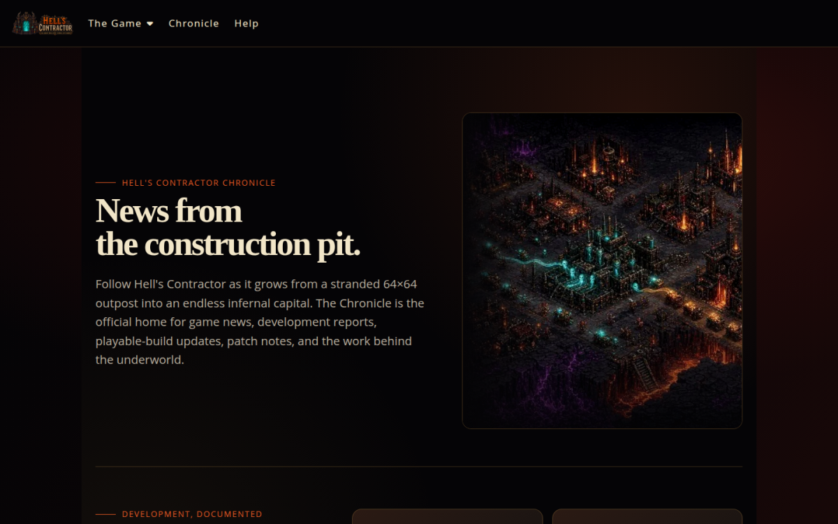Hell's Contractor Chronicle Hell's Contractor Chronicle landing page with the headline News from the construction pit.