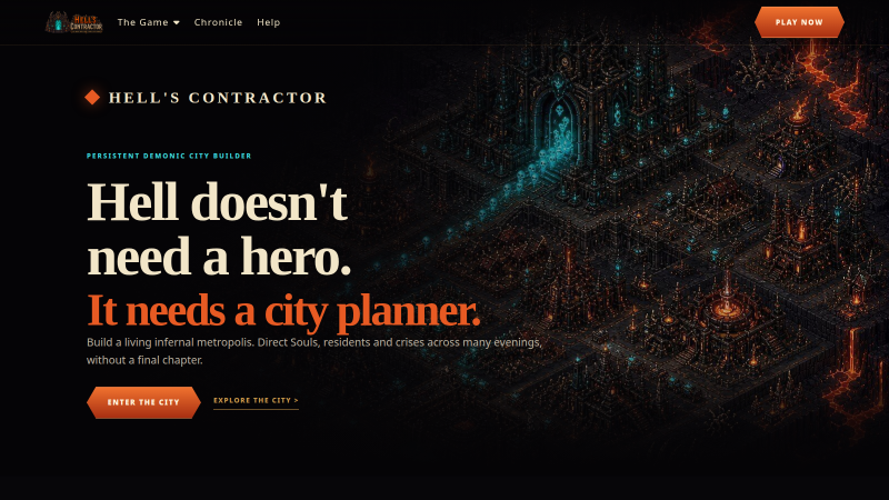 Hell's Contractor AI Game Prototype Case Study Hell's Contractor homepage with the demonic city-builder hero
