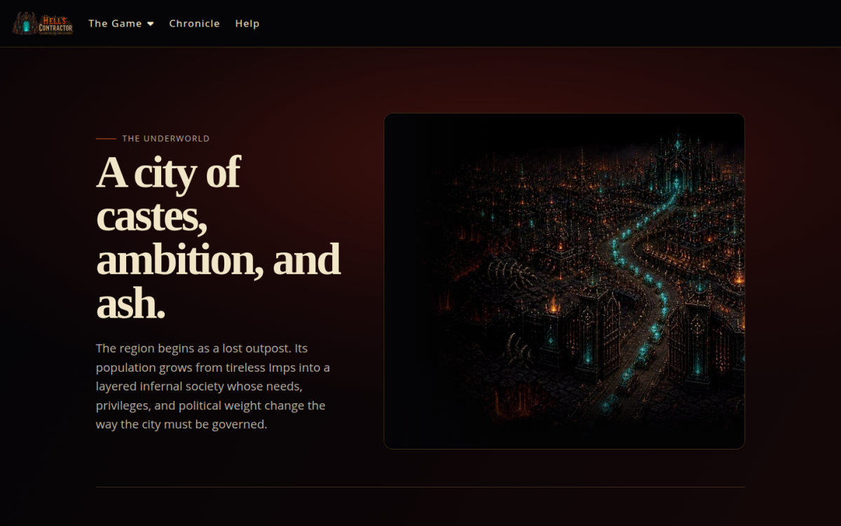Hell's Contractor world and demons World and Demons page showing an infernal city road and a headline about castes, ambition and ash.