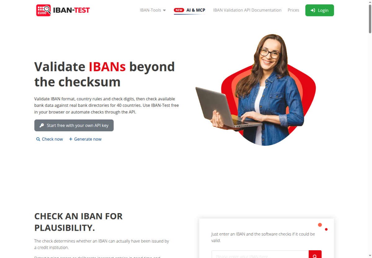 IBAN-Test international homepage IBAN-Test international homepage with IBAN validation call to action