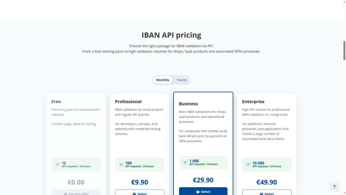 IBAN API pricing IBAN-Test API pricing with Free, Professional, Business and Enterprise packages