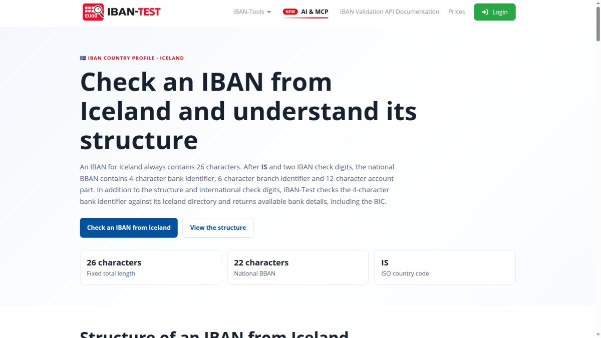 Country-specific IBAN profiles IBAN-Test country profile for Iceland with structure and validation information