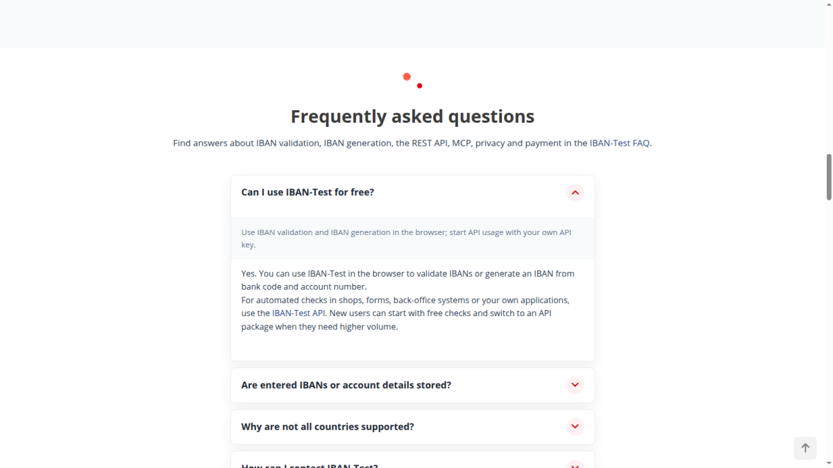 Helpful content and FAQs IBAN-Test frequently asked questions section with expandable answers