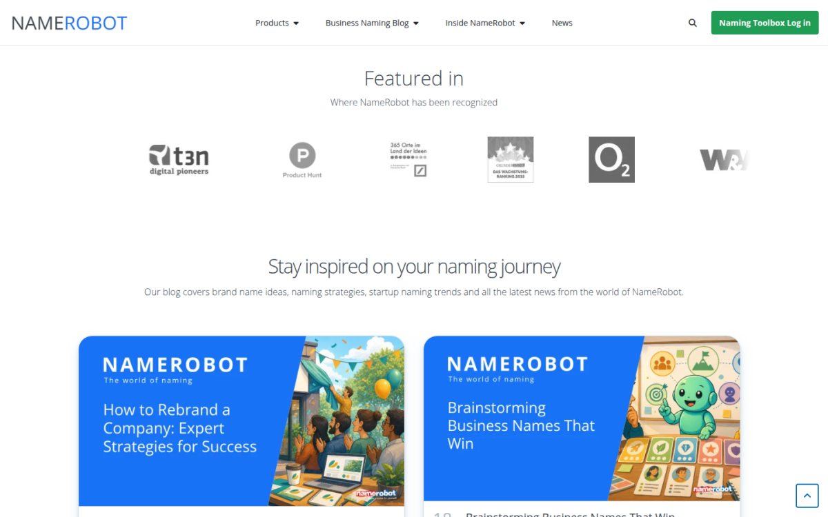 Recognition and naming inspiration NameRobot homepage showing featured-in logos and recent naming articles