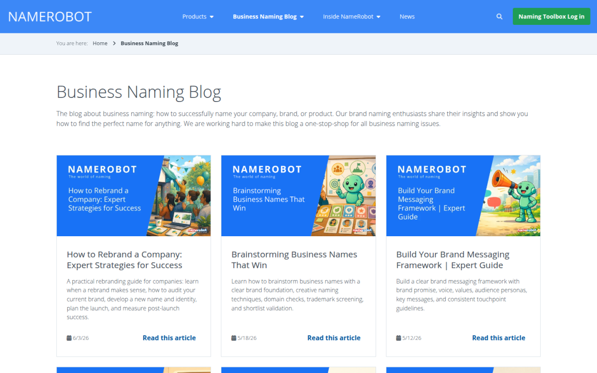 NameRobot business naming blog NameRobot Business Naming Blog with three recent article cards