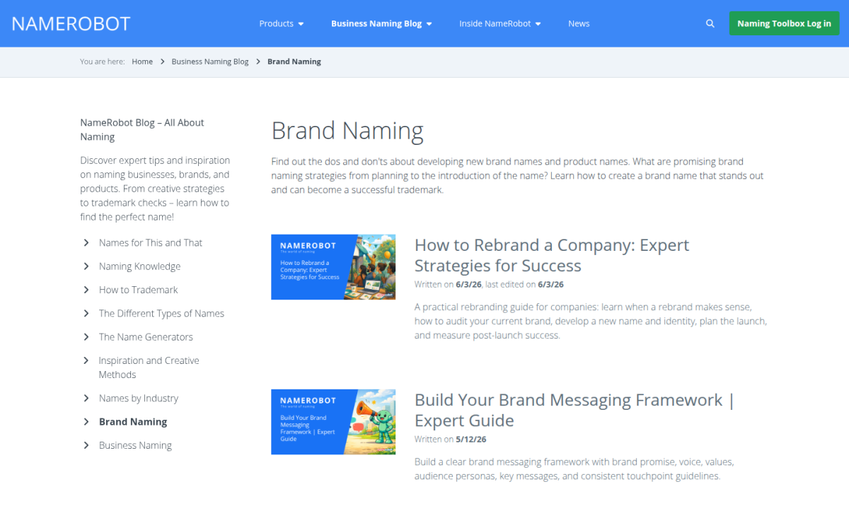 NameRobot brand naming knowledge NameRobot Brand Naming category with article list and topic navigation