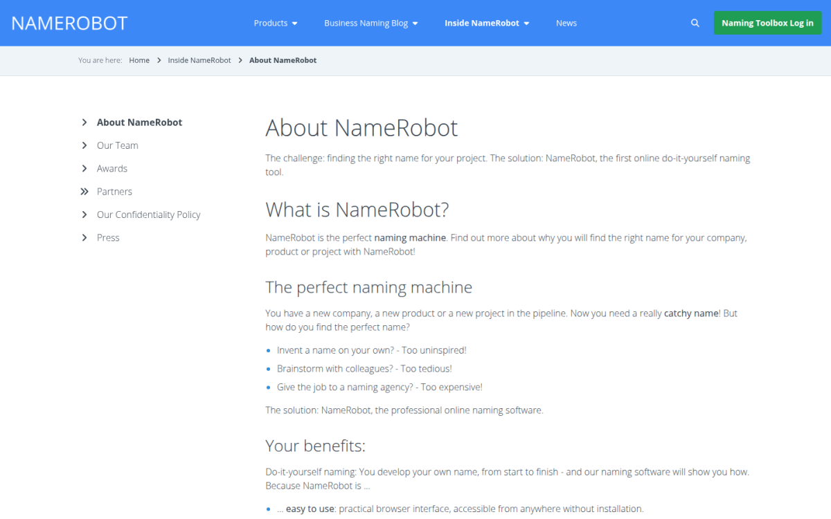 About NameRobot About NameRobot page describing the online naming machine and its benefits