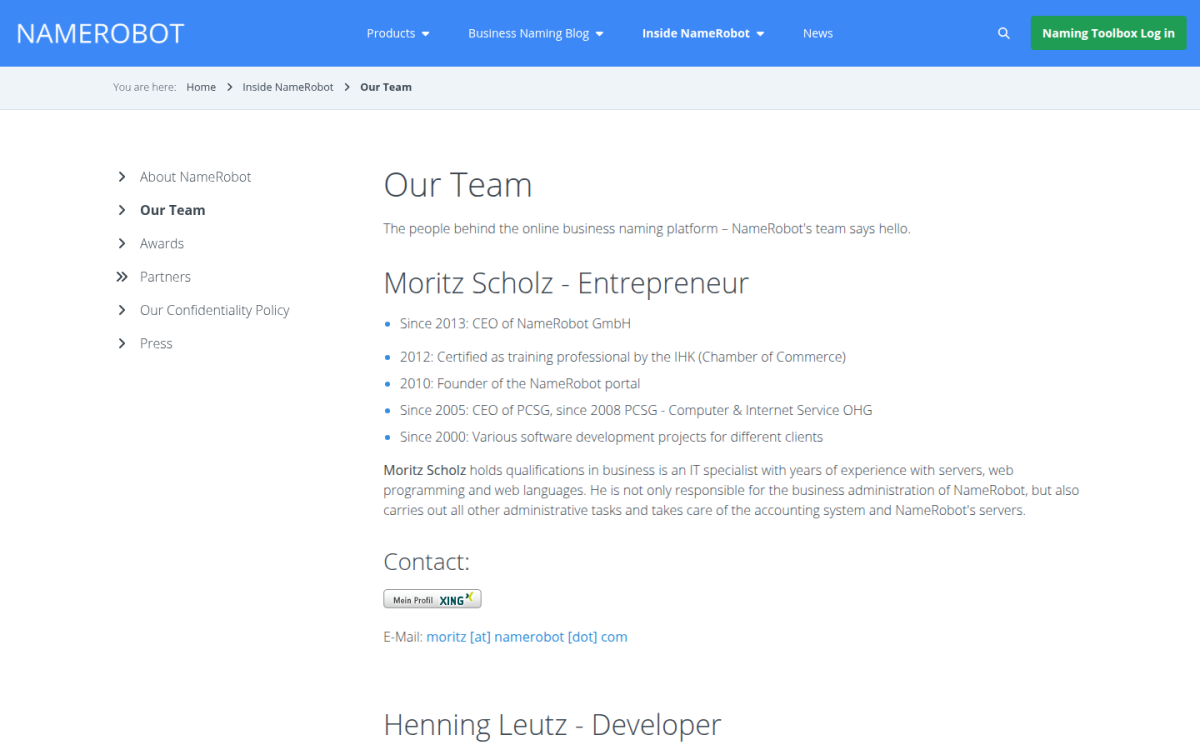 The NameRobot team NameRobot team page with profiles for Moritz Scholz and Henning Leutz
