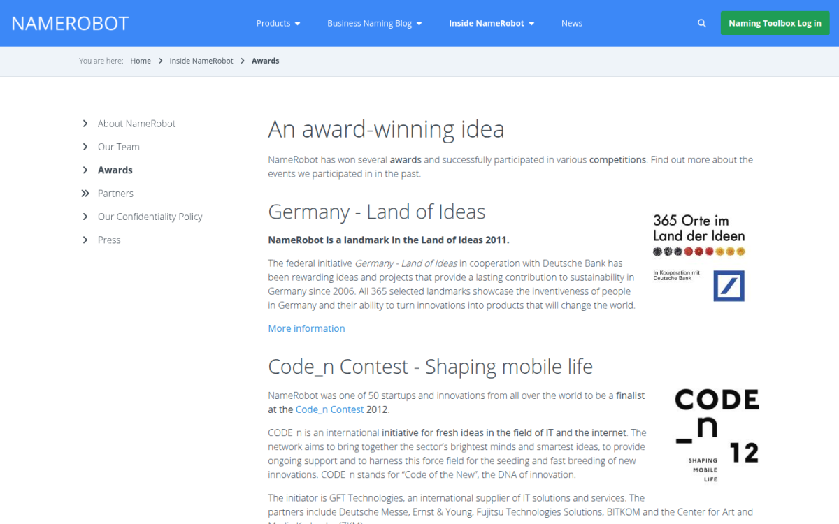 NameRobot awards NameRobot awards page showing Land of Ideas and CODE_n distinctions