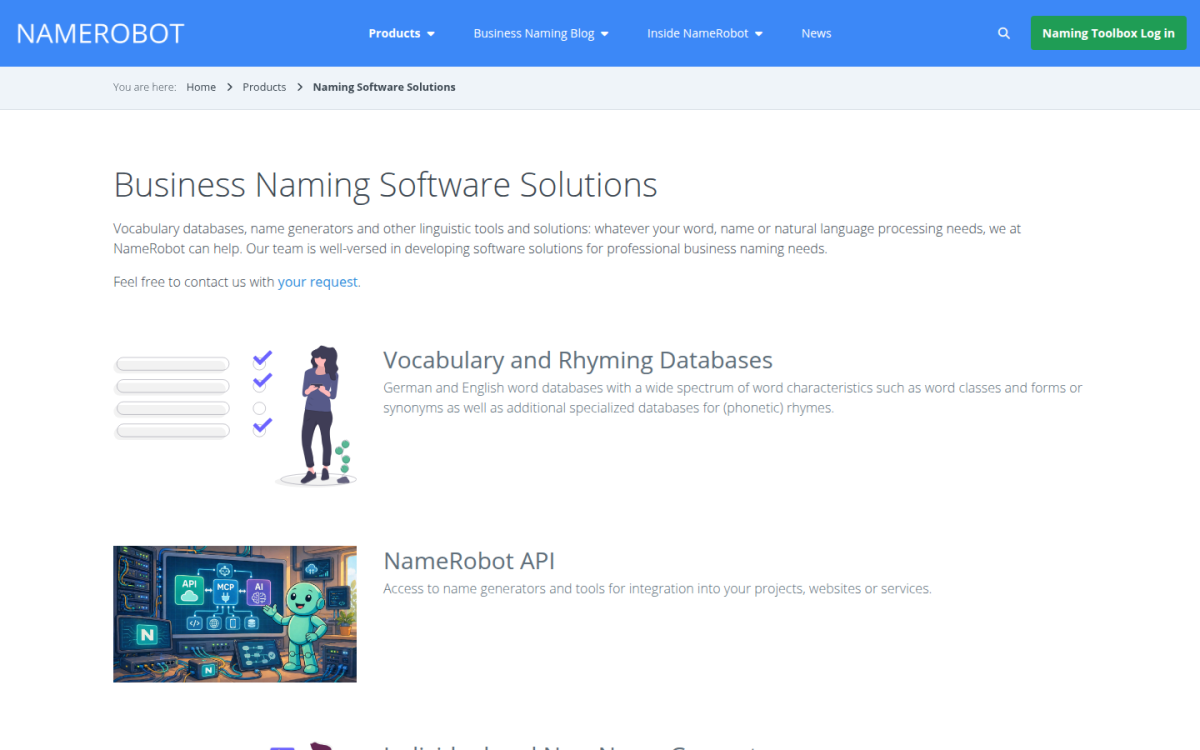 Business naming software solutions NameRobot software solutions page listing vocabulary databases and the NameRobot API