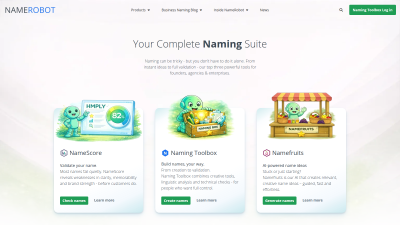 NameRobot Naming Platform Case Study NameRobot homepage showing the complete naming suite