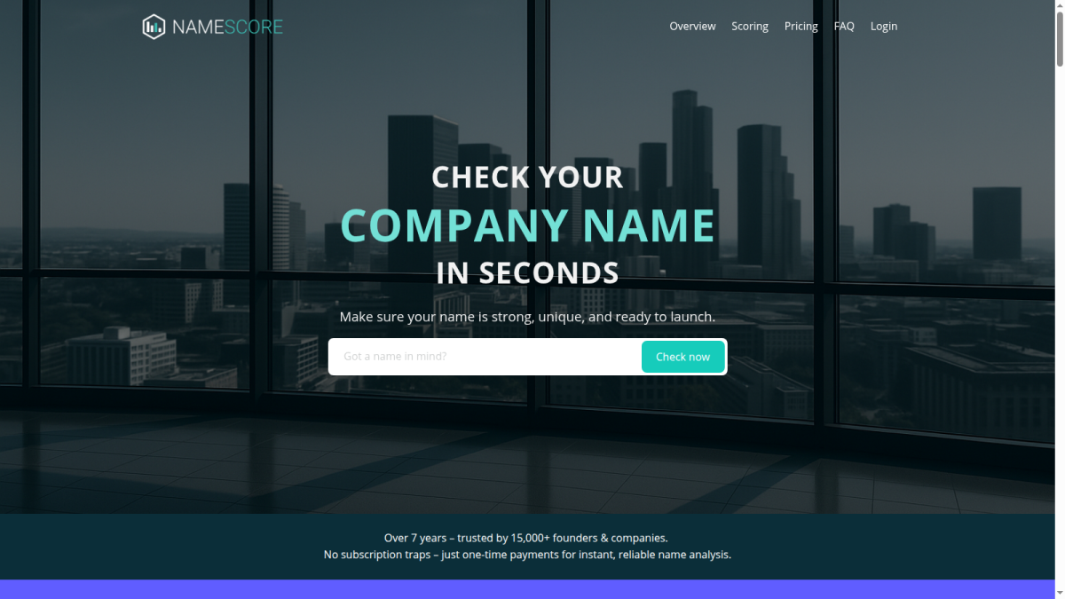 NameScore brand name check homepage NameScore homepage with brand name input and trust statement