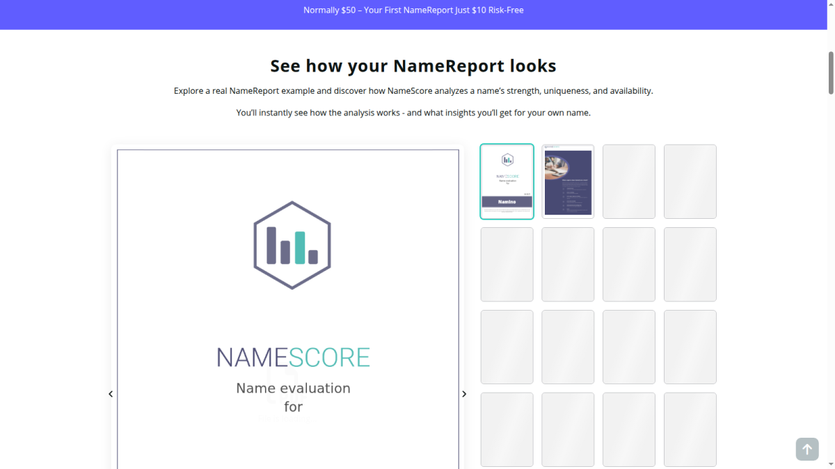 NameScore NameReport preview Preview of the multi-page NameScore analysis report