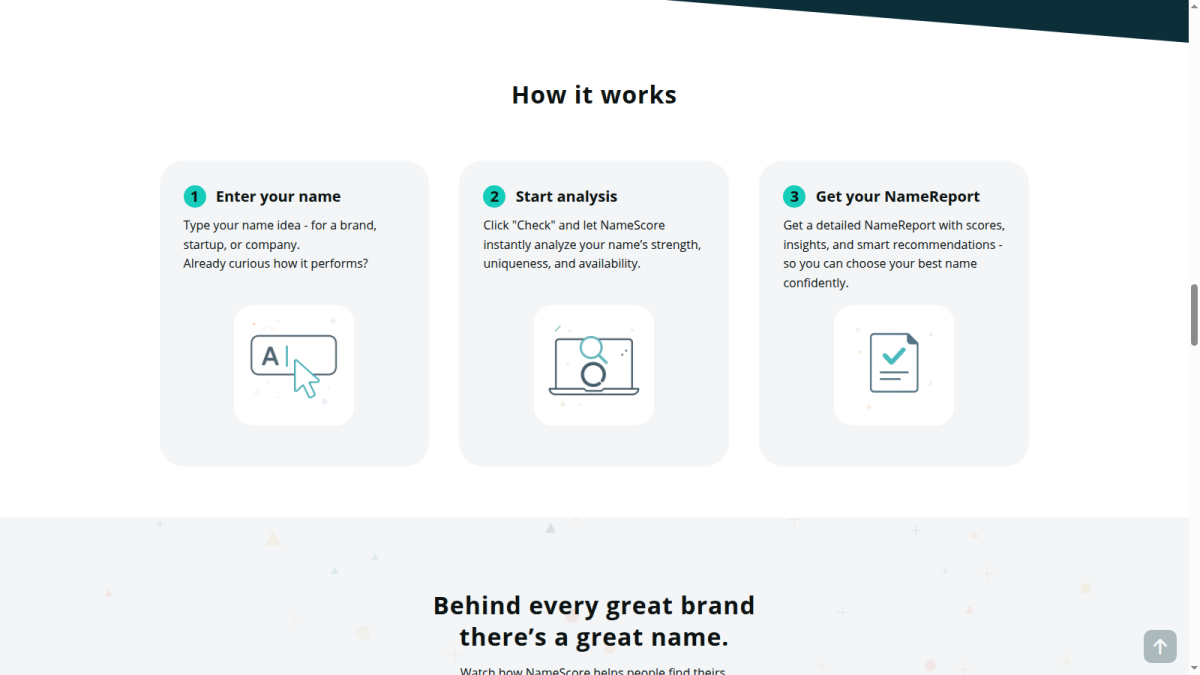NameScore workflow Three-step NameScore workflow from name entry to report