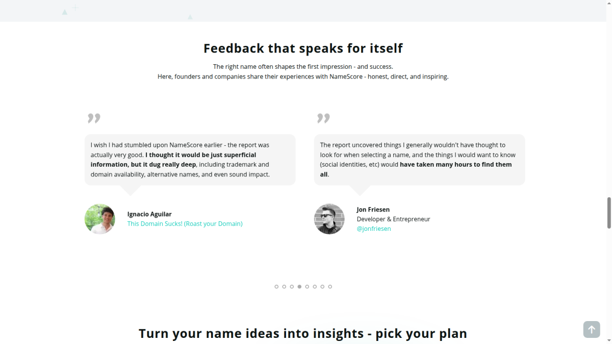 NameScore customer feedback Customer testimonials shown on the NameScore website