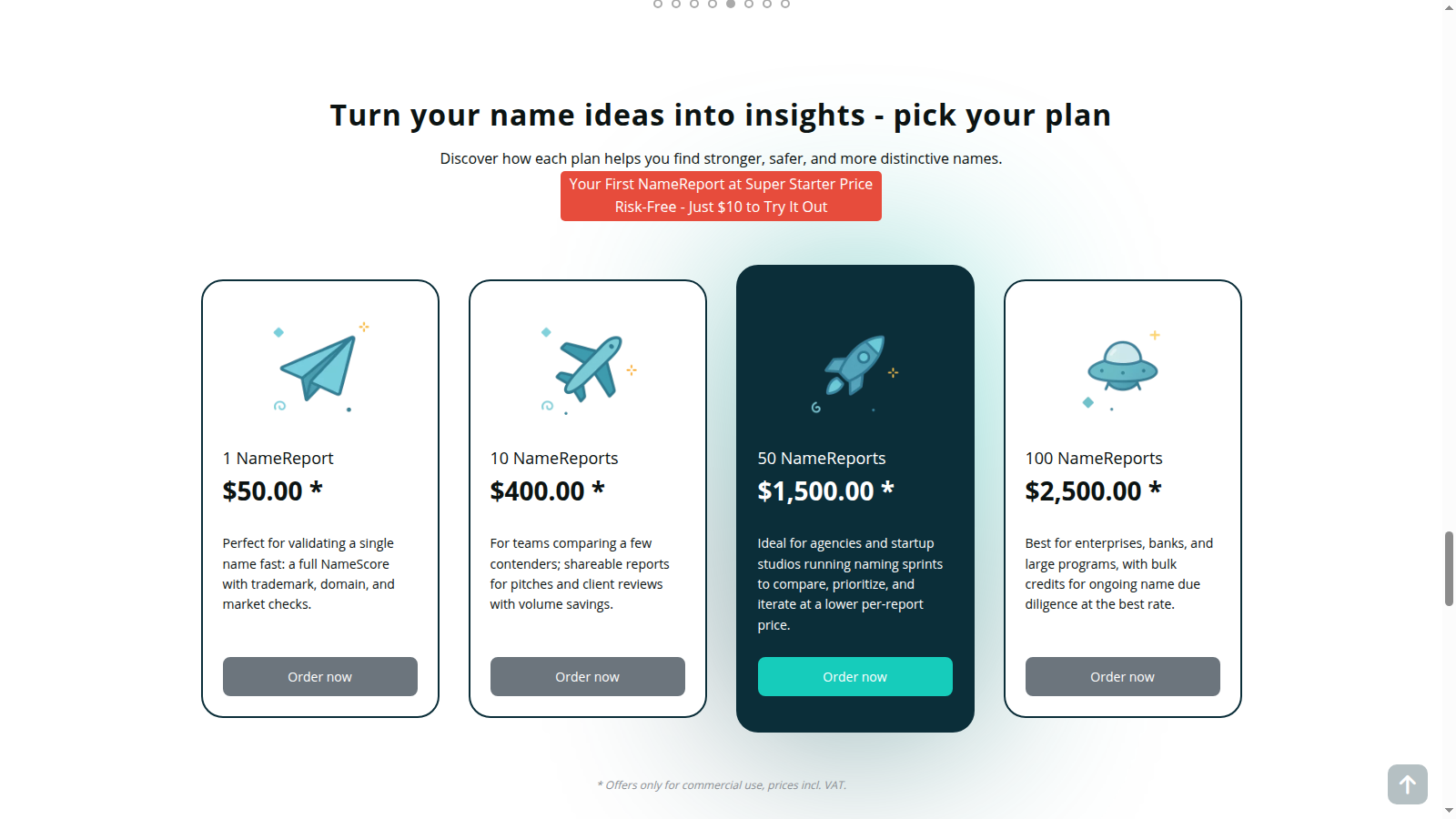 NameScore pricing One-time NameReport packages on the NameScore pricing section