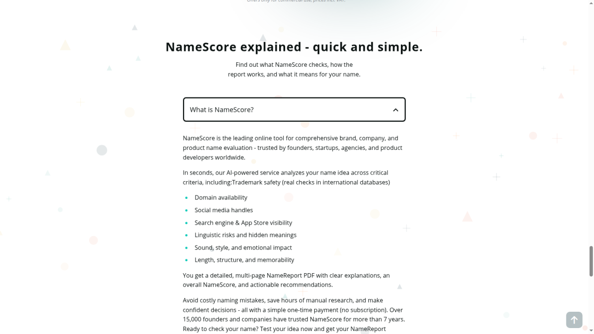 NameScore FAQ Expanded NameScore FAQ explaining the service and report