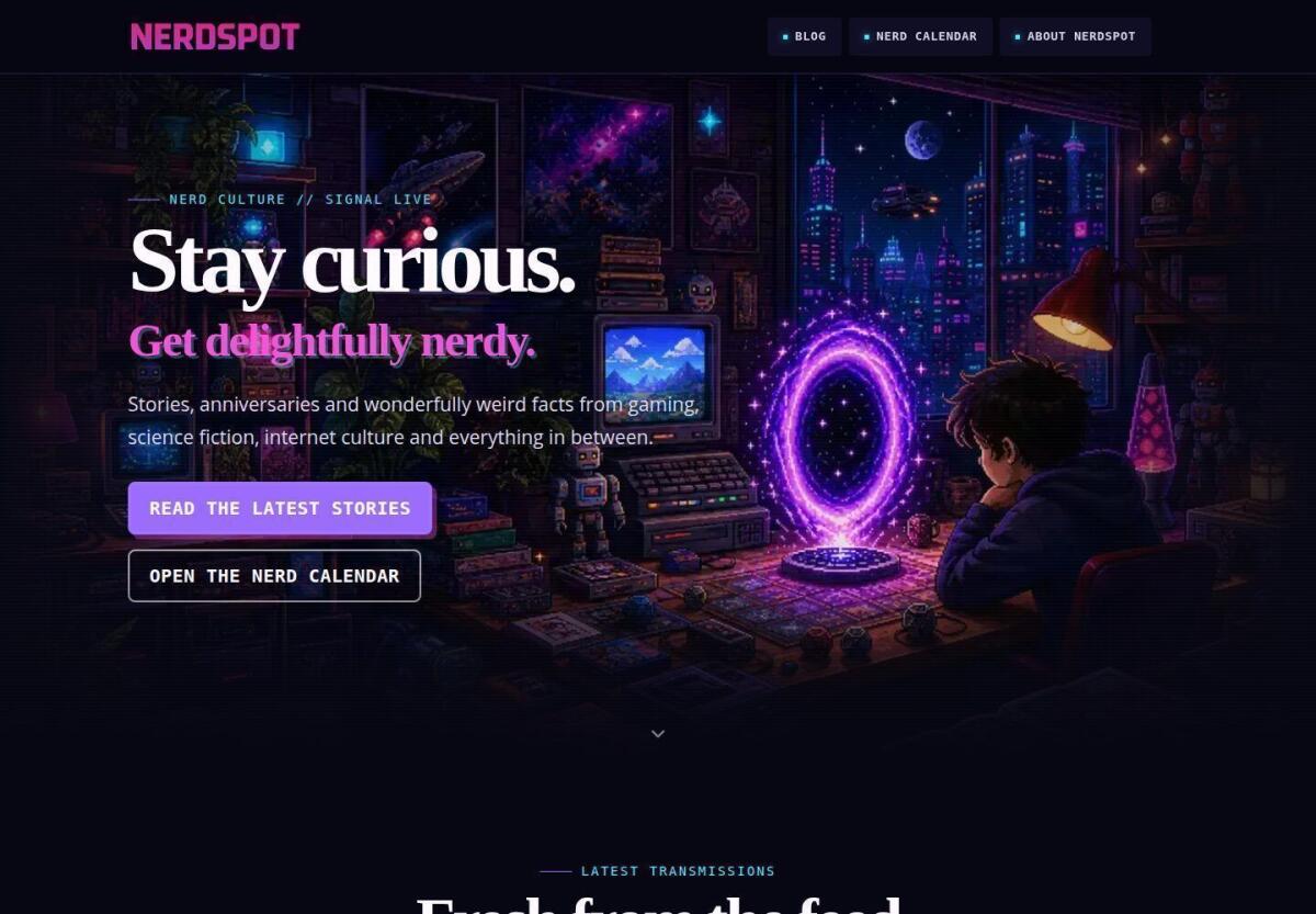 NerdSpot homepage NerdSpot homepage with a neon portal hero and links to the latest stories and Nerd Calendar
