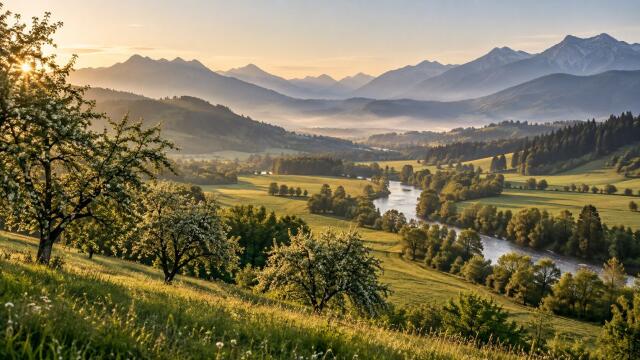 Green valley with a winding river, flowering trees and mountains in warm morning light