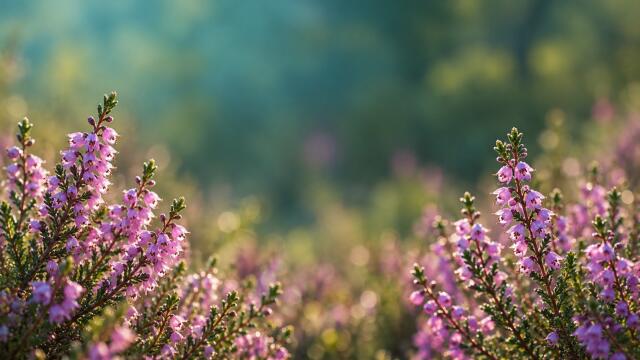 Purple heather flowers in soft morning light against a naturally blurred green background
