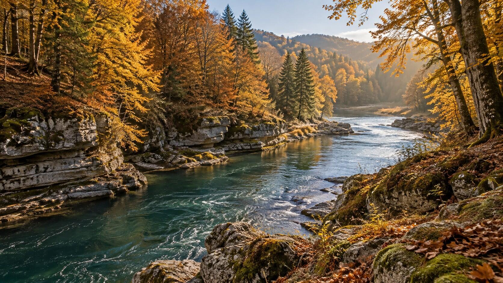 Clear river between layered limestone banks and golden autumn trees in morning light