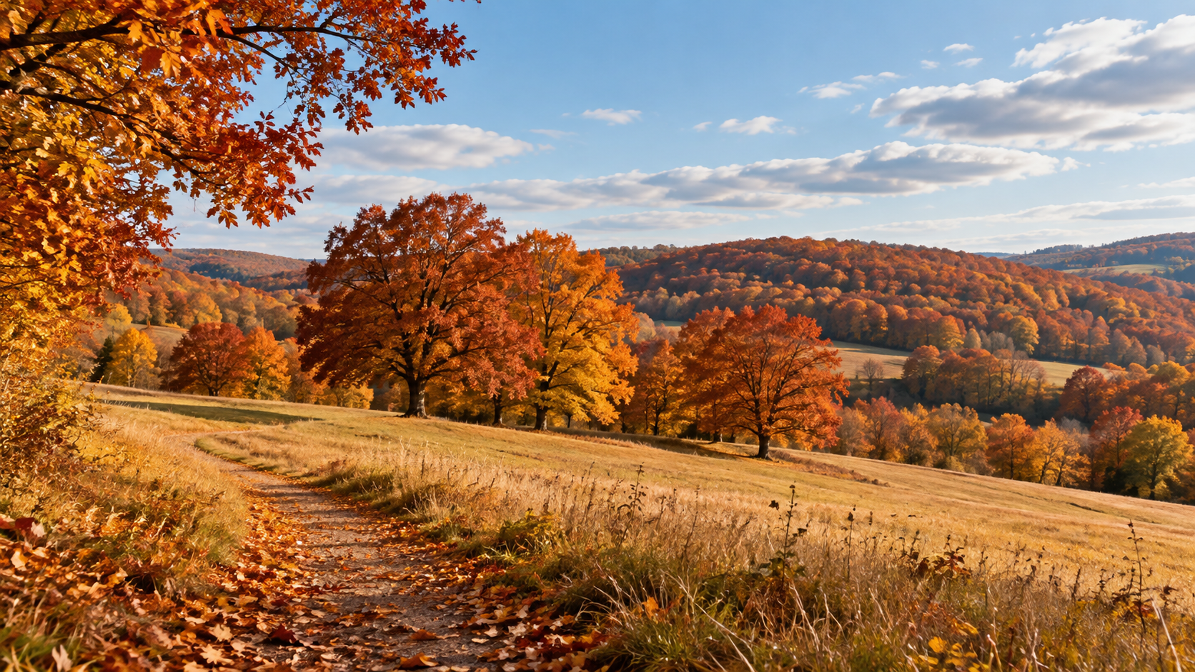 Copper autumn countryside – QUIQQER 2.35 Copper-red and orange deciduous trees above golden meadows with a leaf-covered footpath