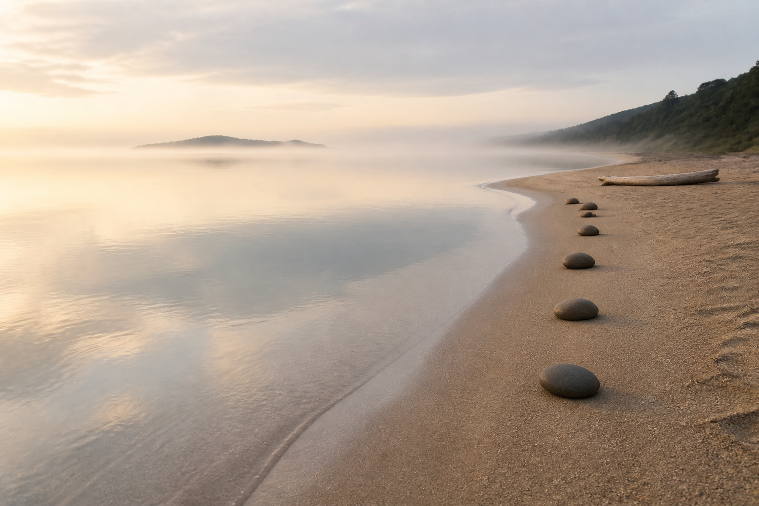 Misty Sunrise Beach Misty sunrise over a calm sandy beach with smooth stones and driftwood.