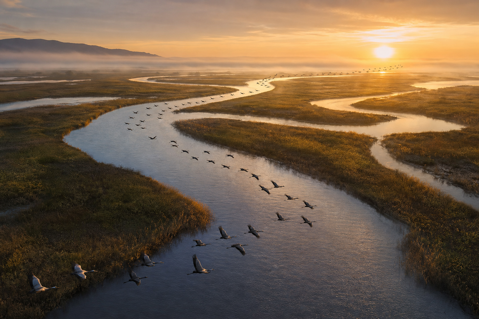 Flock of cranes flying above a winding river through marshland at golden sunrise.