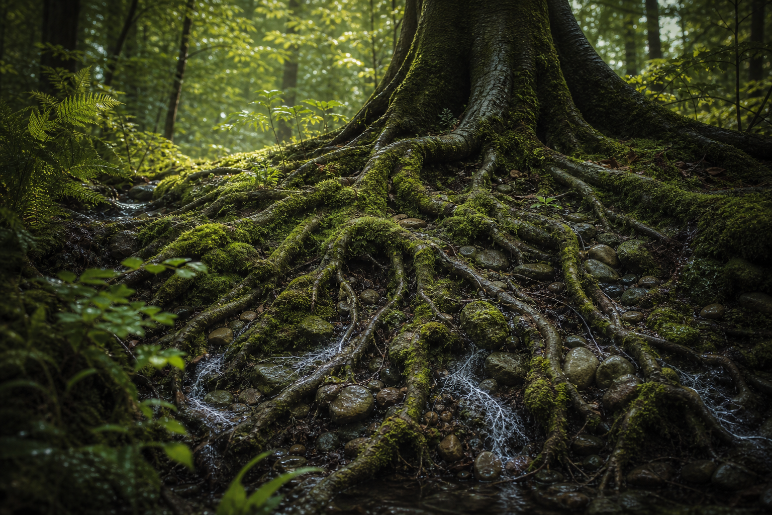 Moss-covered tree roots spread across a rocky forest floor in soft green light.