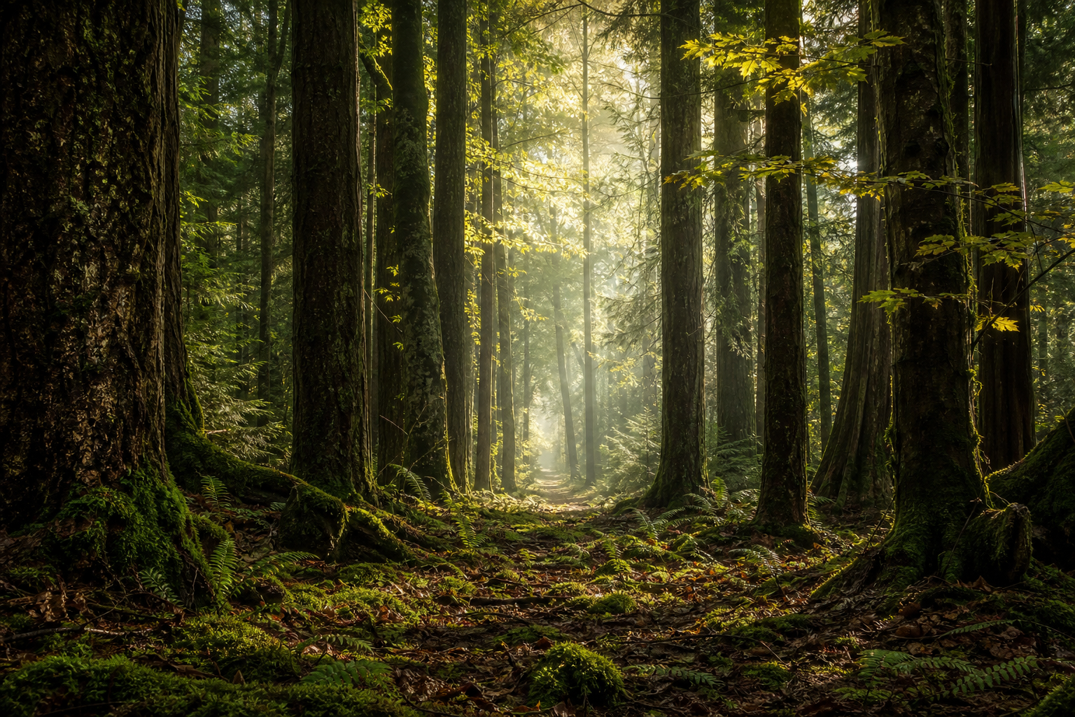 Sunbeams filter through tall trees in a mossy forest with ferns and soft morning mist.