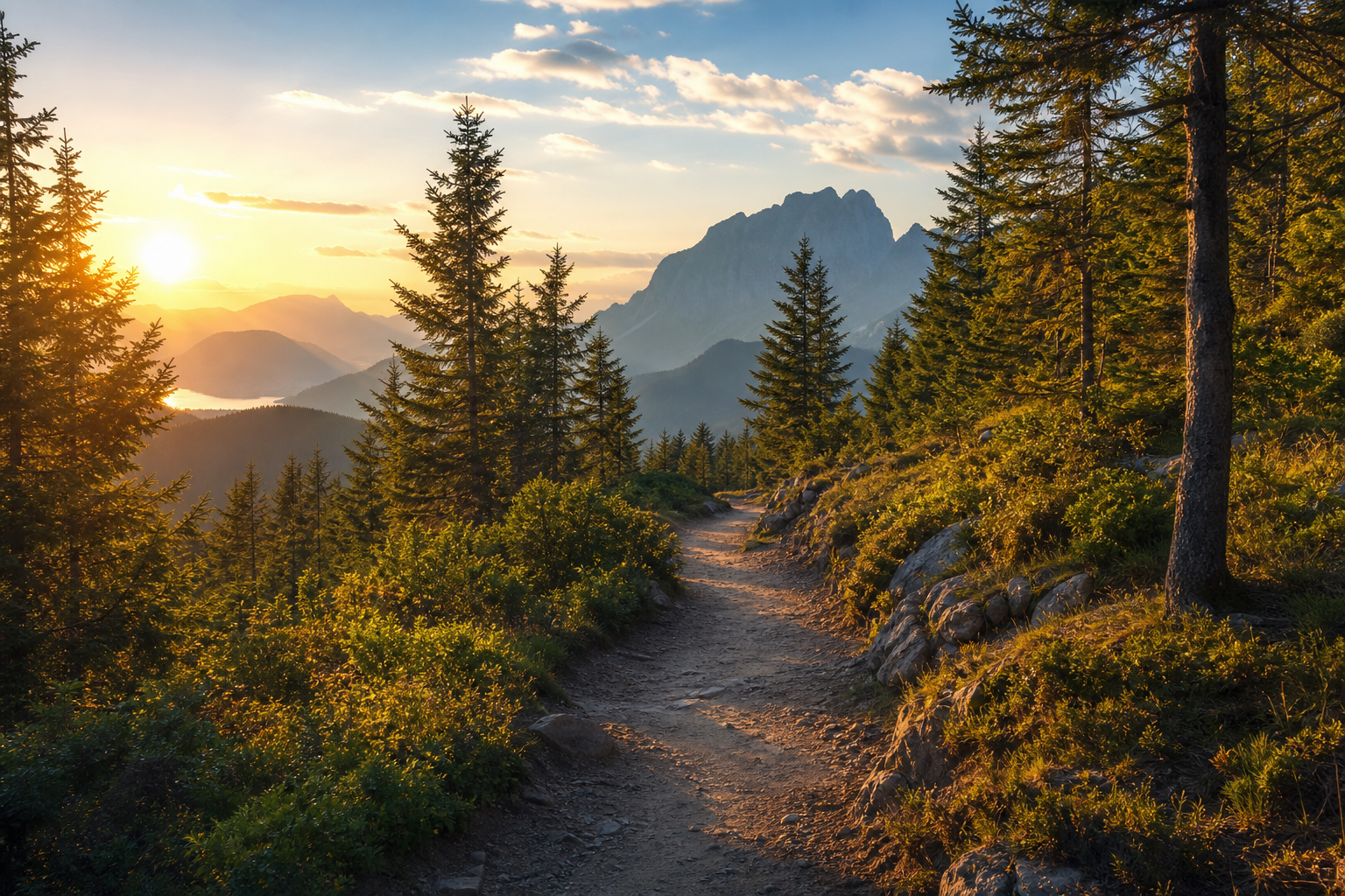 A golden forest trail leads toward a calm mountain landscape in late afternoon light.