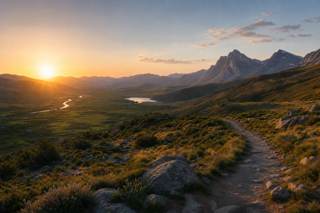 A bright path at sunrise winds through a calm valley, suggesting reliability and forward momentum.