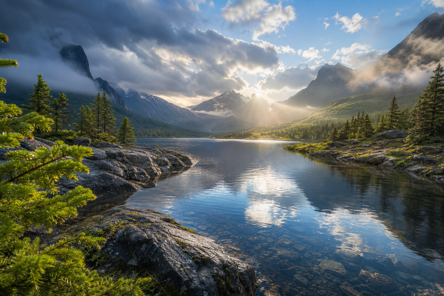 Sunbeams over a mountain lake with pine trees, rocky shore, clouds, and reflections.