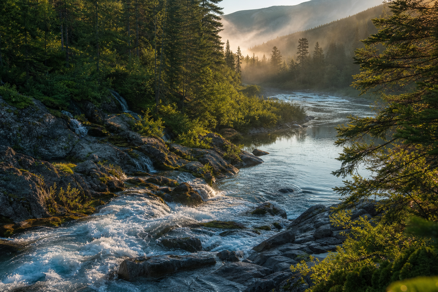 Misty Forest River Dawn Sunlit mountain river with rocky rapids, pine forest, and misty valley at dawn.