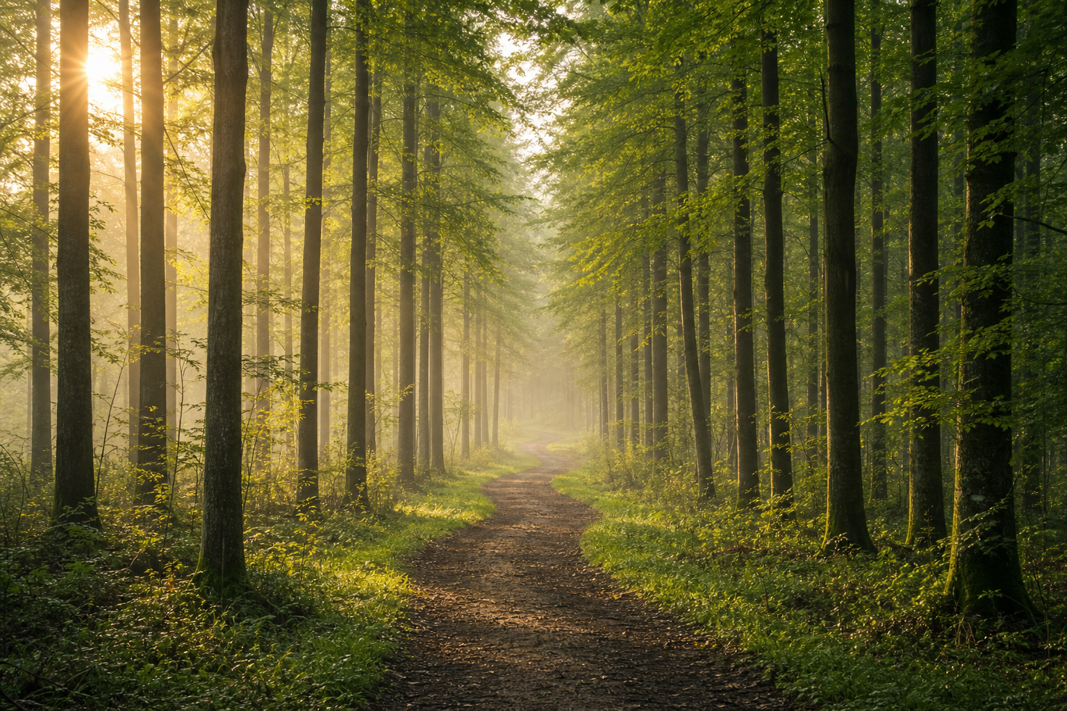 Sunlit forest path winding through tall green trees in soft morning mist.