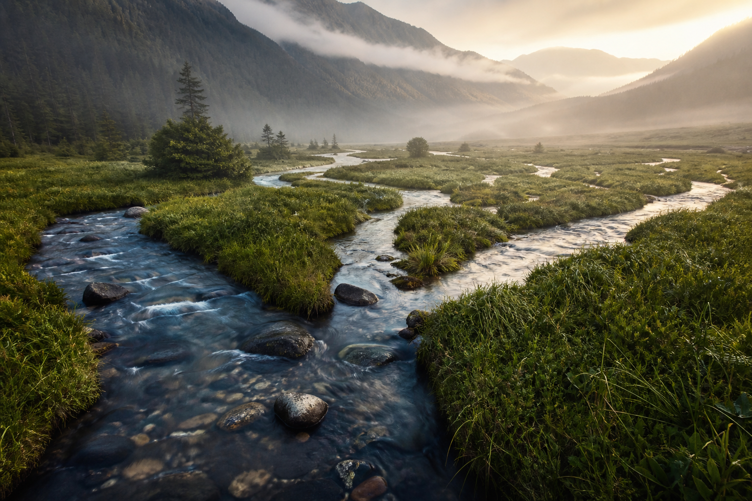 Winding stream through misty mountain valley at sunrise, bordered by lush green grasses and forested slopes.