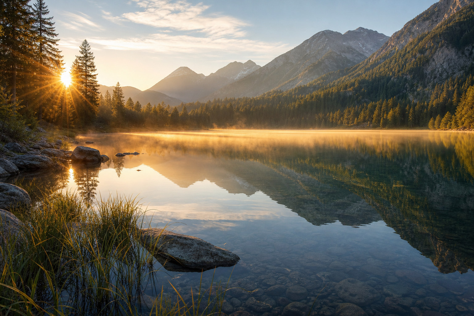 Sunrise over a misty mountain lake with pine forest and reflections.