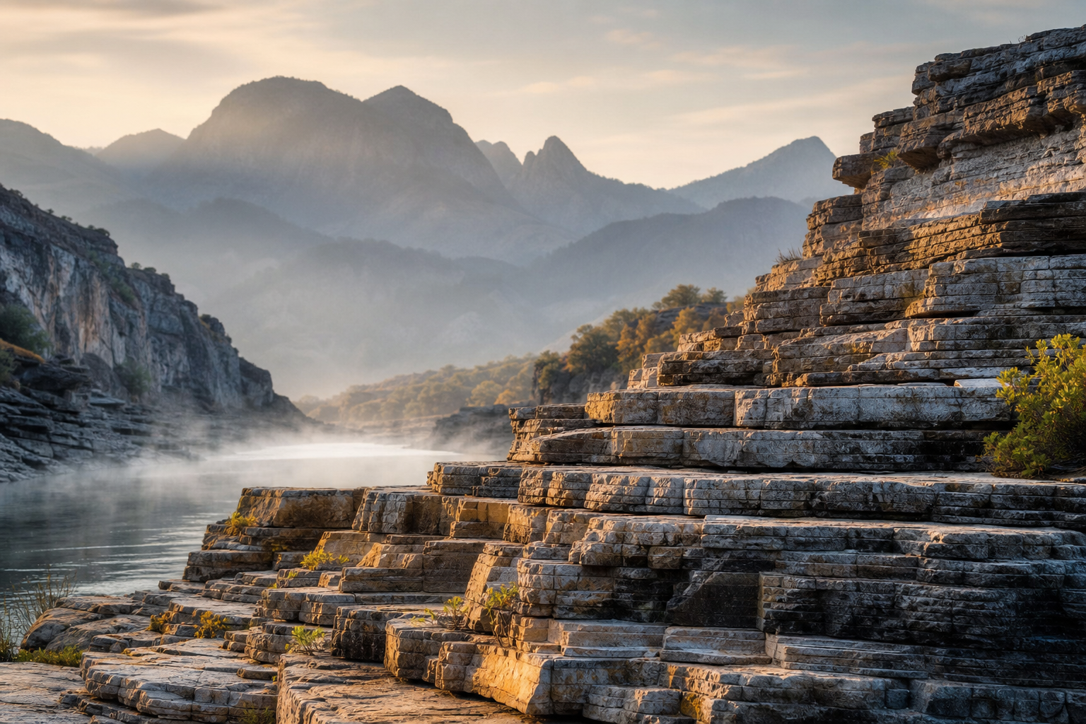 Layered rock cliffs beside a misty river at sunrise, with mountains glowing in soft light.