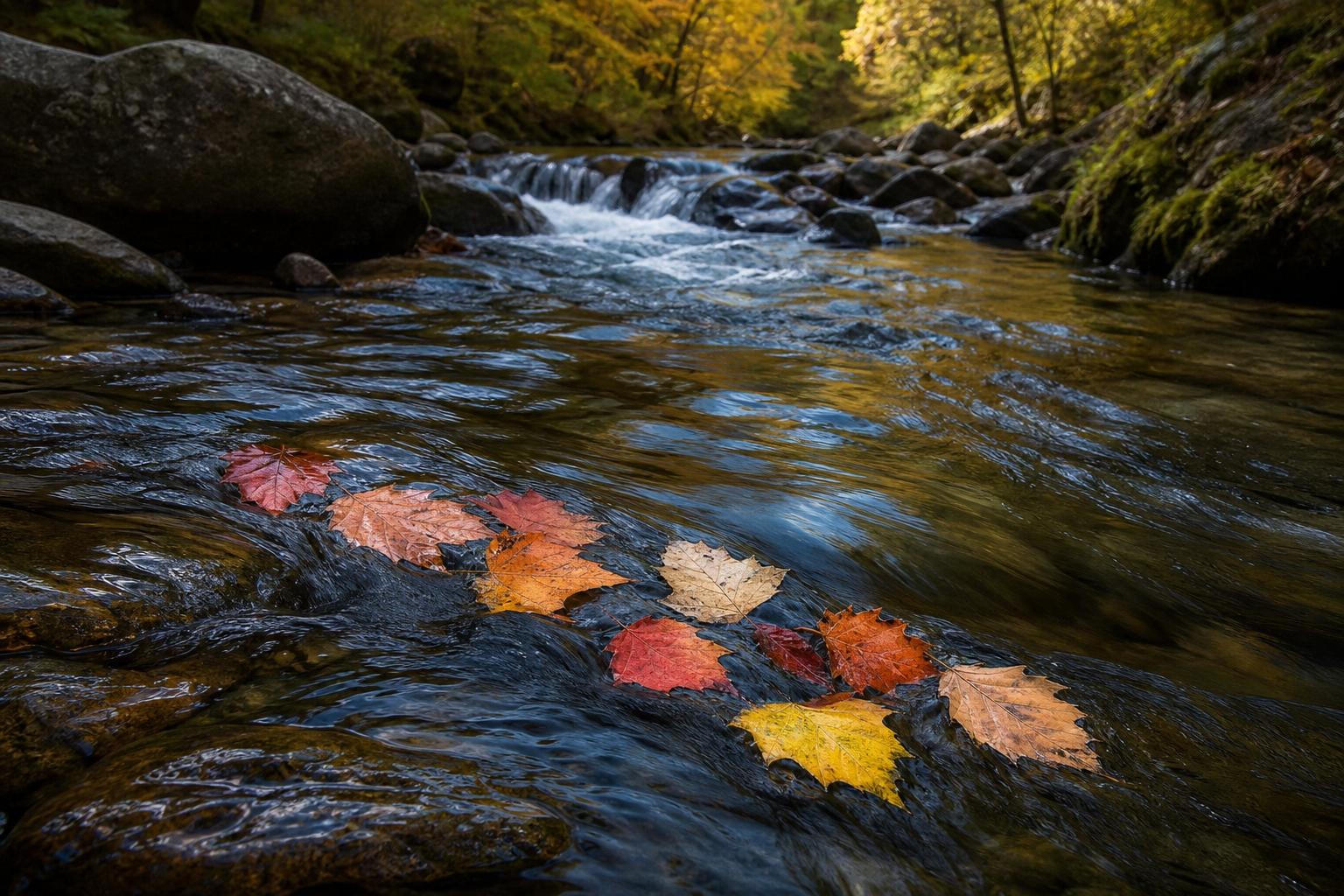 Colorful autumn leaves rest on rocks in a shallow forest stream with small cascading rapids.